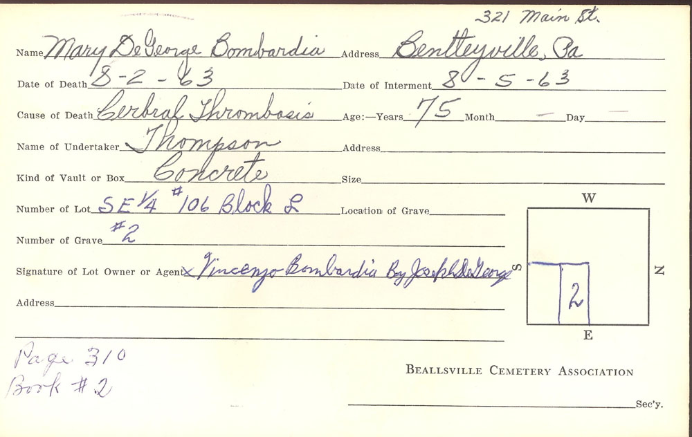 Mary Bombardia burial card